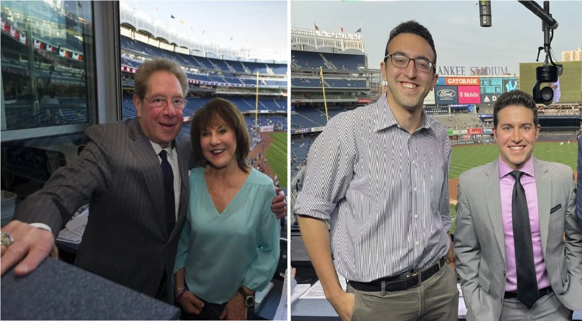 John Sterling with Suzyn Waldman and Justin Shackil with Emmanuel Berbari at Yankees booth.