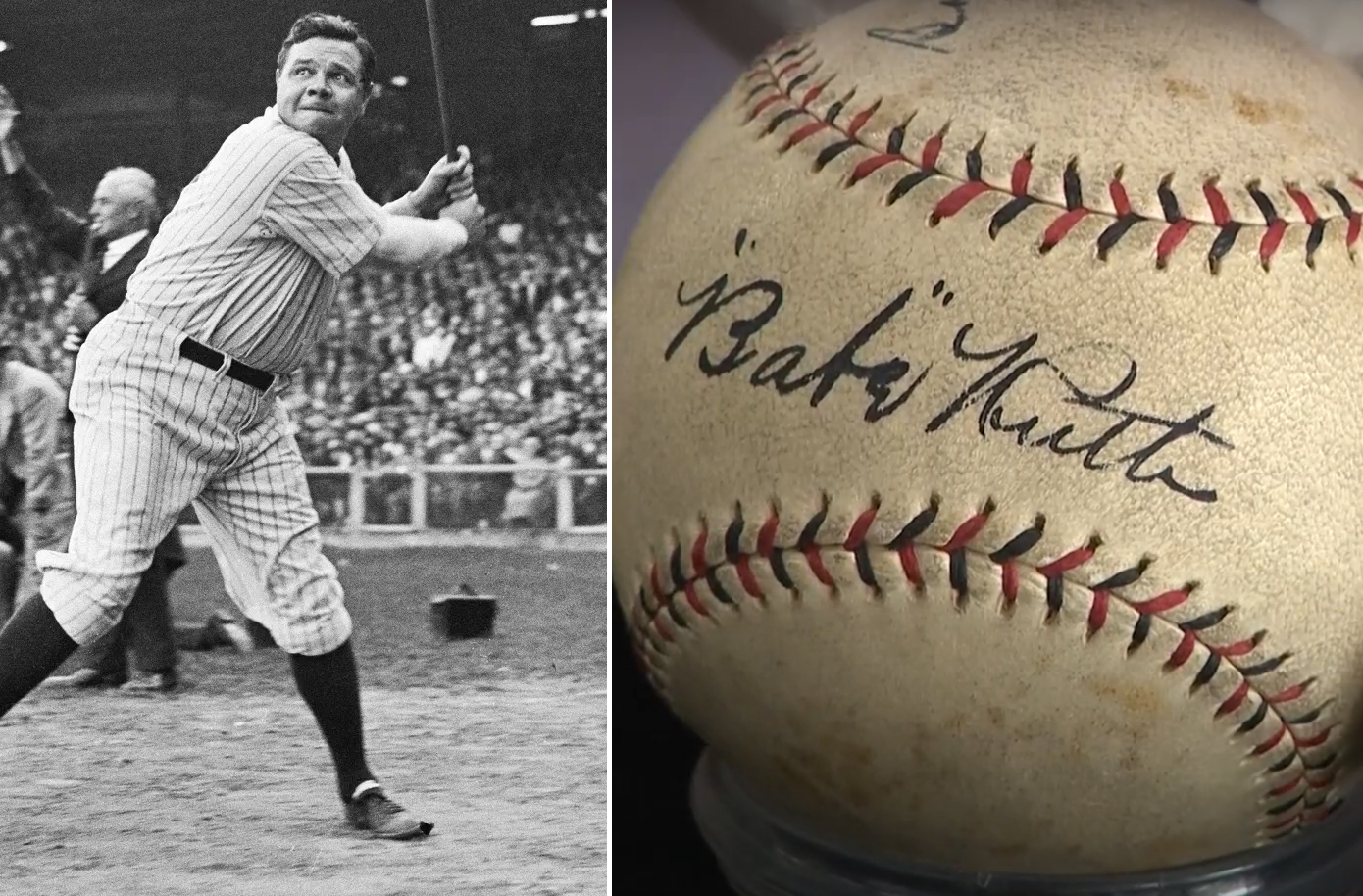 Babe Ruth and 1924 Babe Ruth-signed baseball.