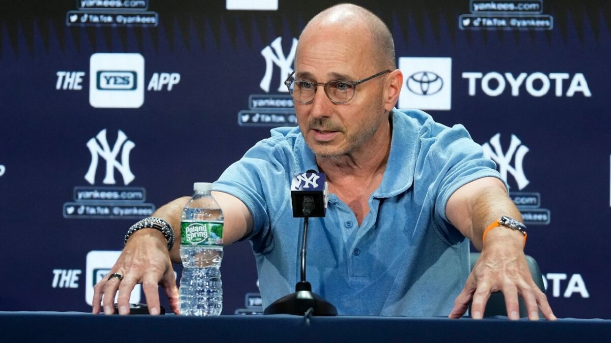 Brian Cashman gestures while speaking on Wednesday, Aug. 23, 2023 in New York.