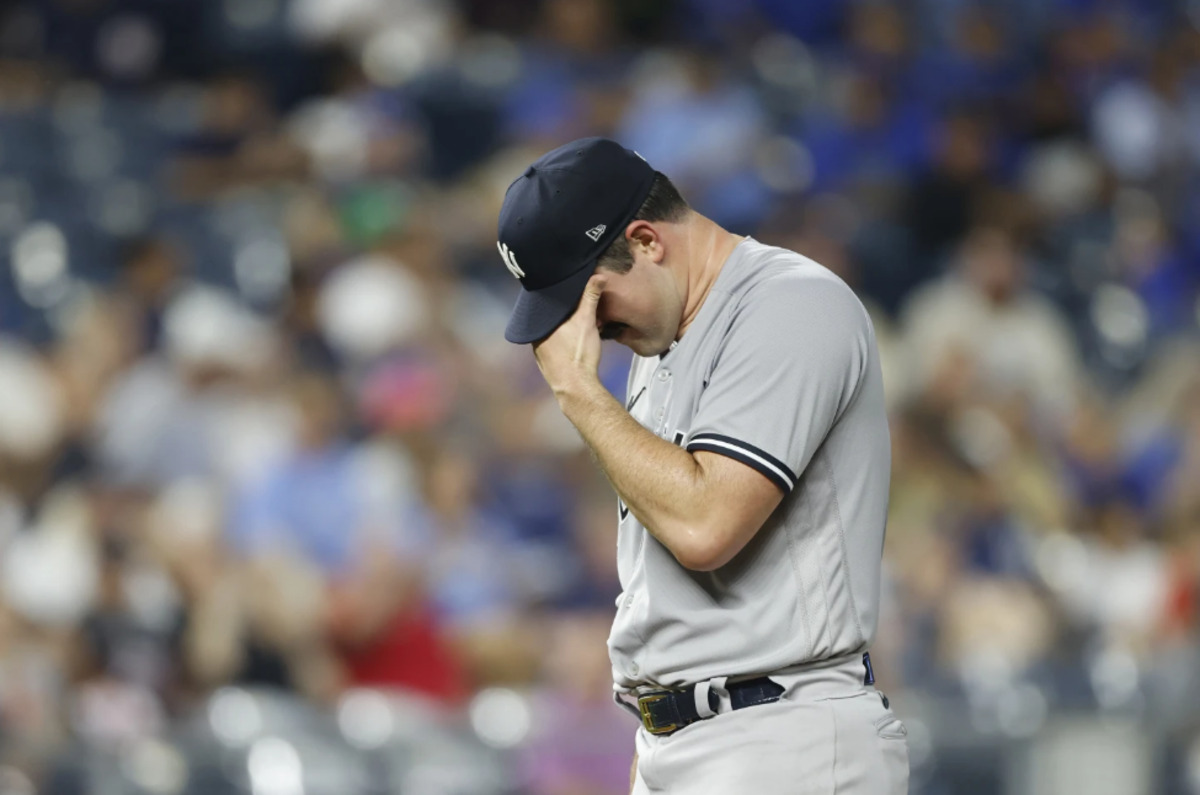 Yankees pitcher Carlos Rodon reacts after his disastrous performance against the Royals in Kansas City on Sept. 29, 2023.