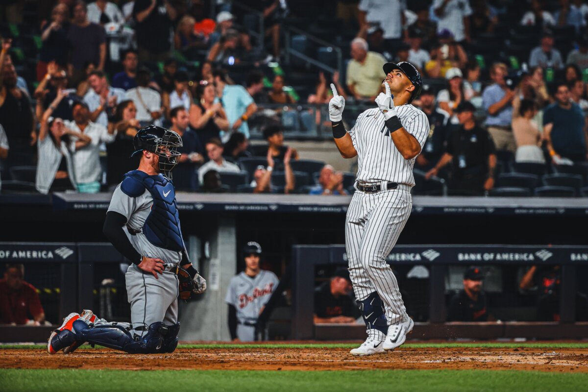 Jasson Dominguez reacts after hitting his first home run at Yankee Stadium in the Yankees vs. Tigers game on Sept 6, 2023.