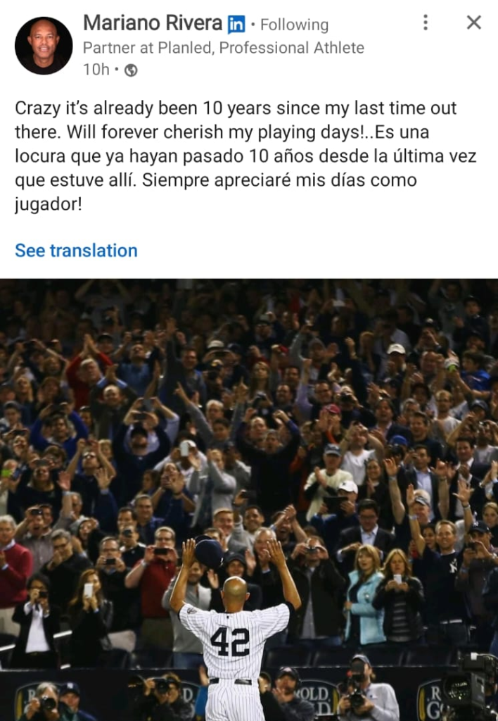 On linkedin, Mariano Rivera Reflects on the Anniversary of His Last Yankees Game