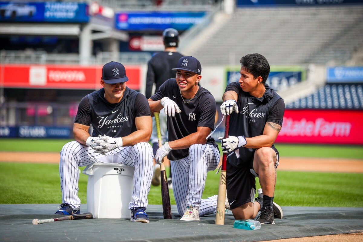 Yankees rookies Jasson Dominguez, Oswald Peraza, and Oswaldo Cabrera.
