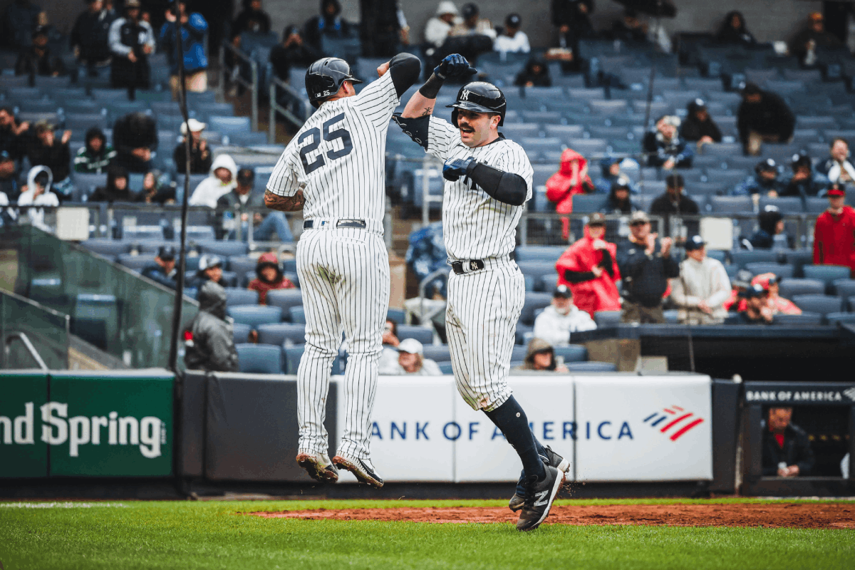 Yankees players Austin Wells and Gleyber Torres at an empty Yankee Stadium on September 25, 2023.