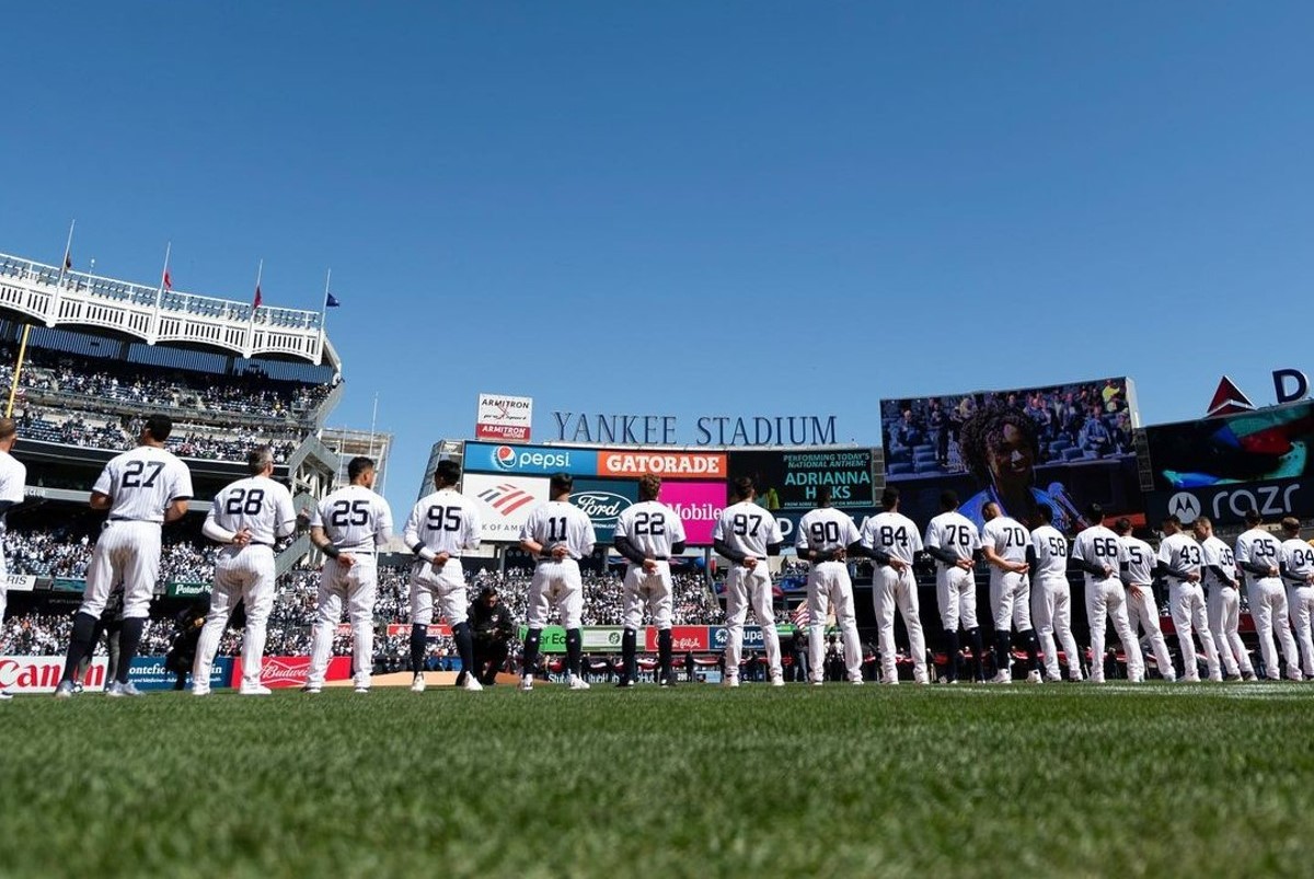 The New York Yankees team at Yankee Stadium during the 2023 Opening Day.