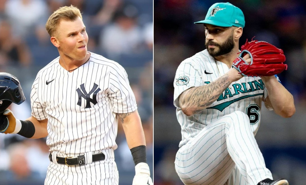 Jake Bauers of the New York Yankees and pitcher Tanner Scott of the Miami Marlins.