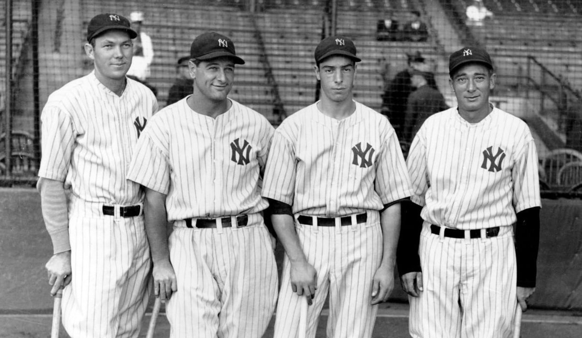 Los jugadores de los Yankees (de izquierda a derecha) Bill Dickey, Lou Gehrig, Joe DiMaggio y Tony Lazzeri anotaron 22 carreras en las Series Mundiales de 1936.
