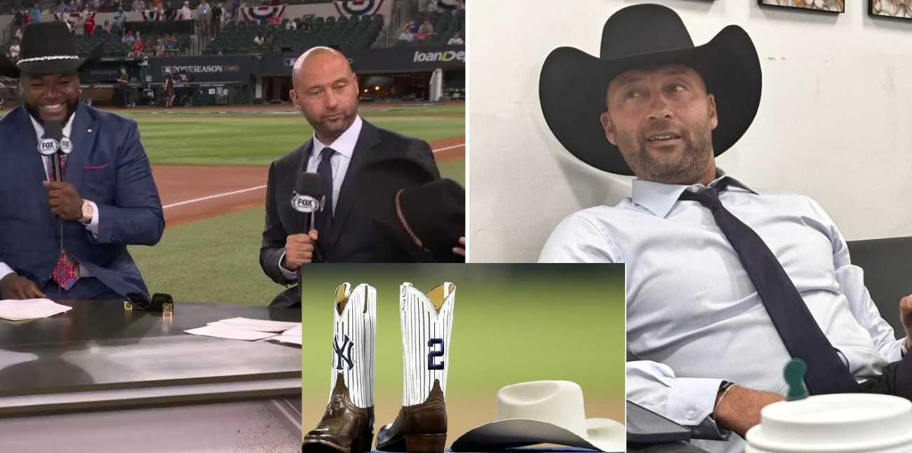 Derek Jeter refuses to have the cowboy hat given by Ortiz and then has it. Inset: The cowboy gear presented to him by the Astros in 2014.