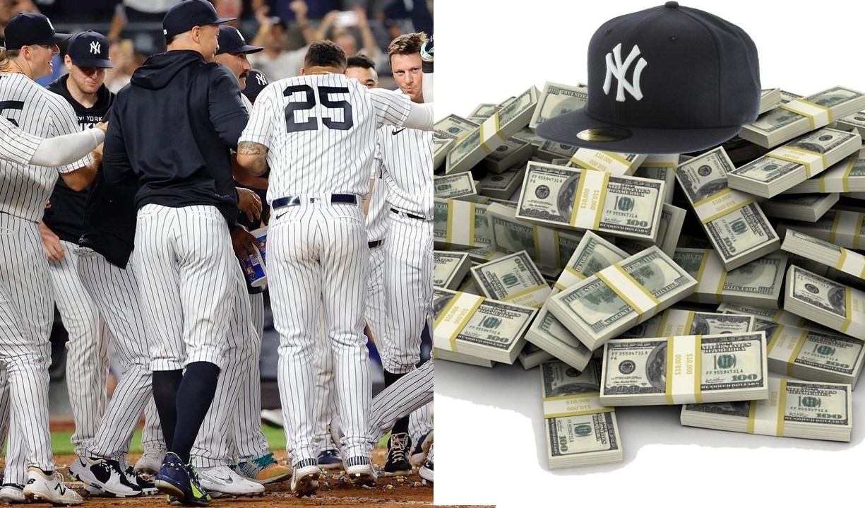 The Yankees players are seen celebrating and a photo showcasing the Yankees' financial might.