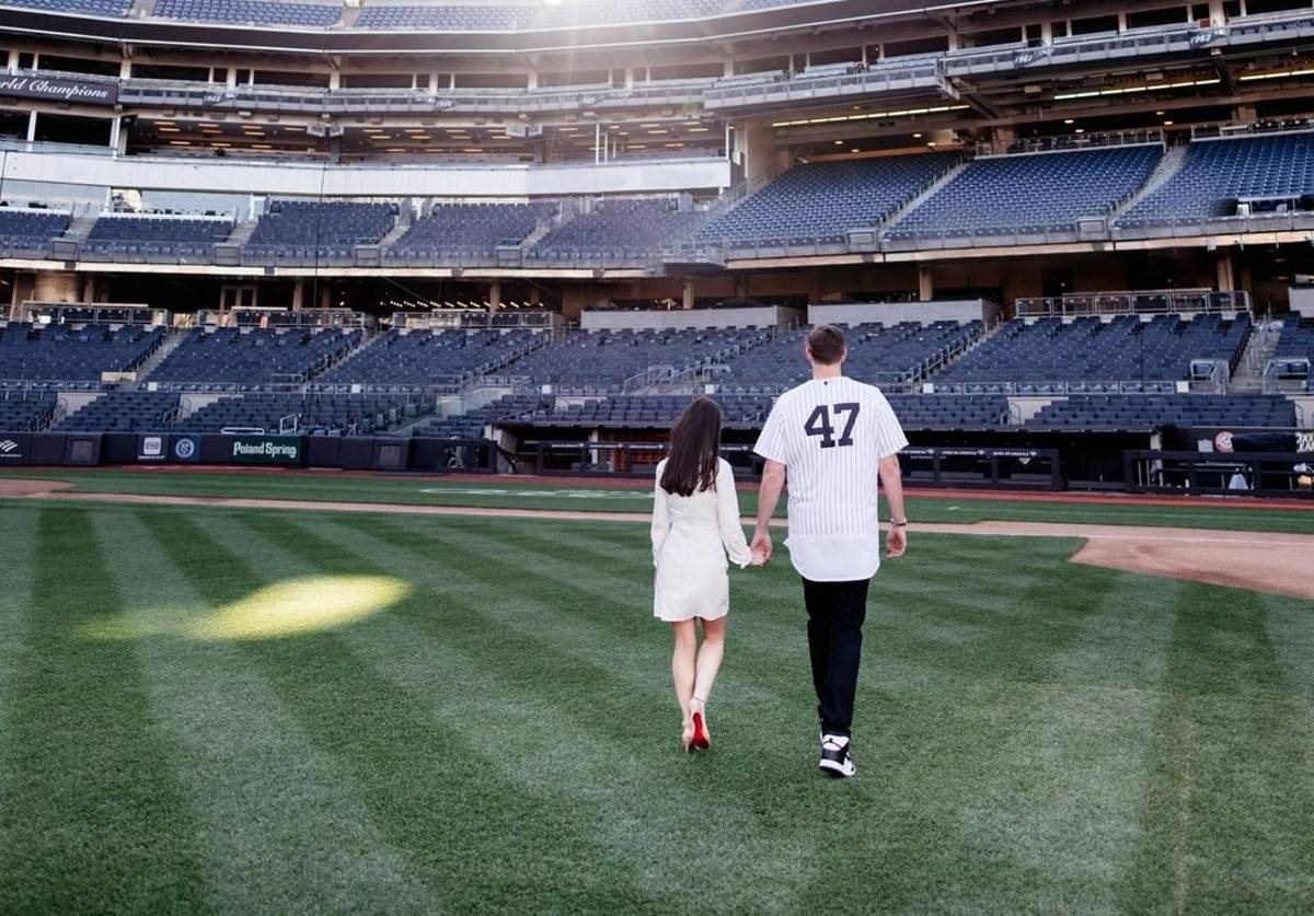 Jordan Montgomery with his wife McKenzie Dirr at Yankee Stadium, New Yor, in 2021.