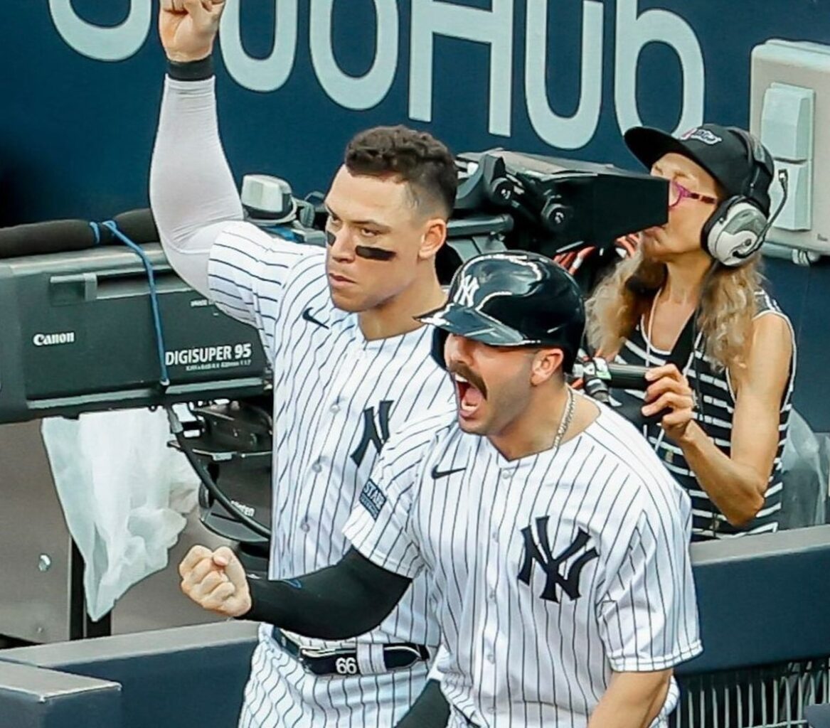 Aaron Judge with Austin Wells at Yankee Stadium in September, 2023.