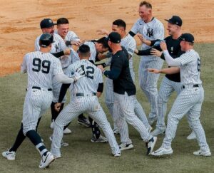 The Yankees celebrate after Kyle Higashioka's homer gave them a win over the Brewers on Sept 10, 2023, at Yankee Stadium.