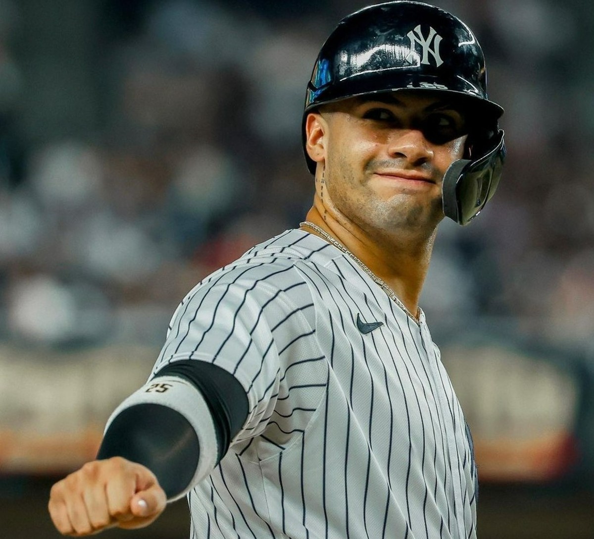 Yankees second baseman Gleyber Torres looks happy after stealing a run against the Orioles at Yankee Stadium on July 4, 2023.