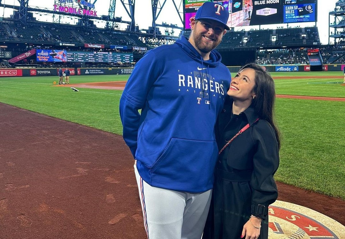 Jordan Montgomery with his wife McKenzie Dirr at Globe Life Field, Arlington, Texas, in October 2023.