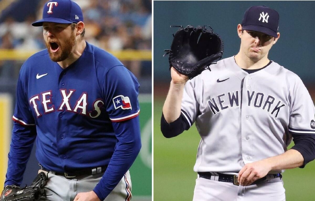 Jordan Montgomery is seen in both Texas Rangers' color and Yankees away uniform.