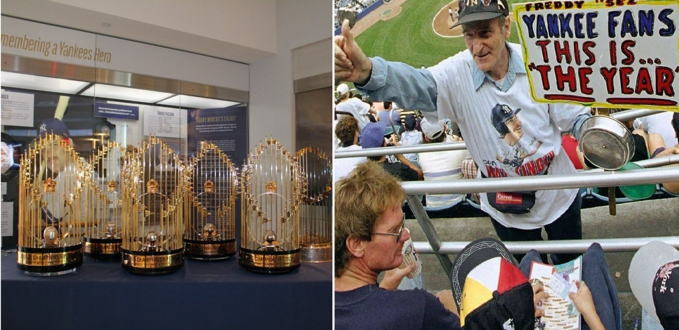 Seven Yankees World Series trophies on display at Yankee Stadium in May 2018 and a fan cheering the team on August 11, 1994.