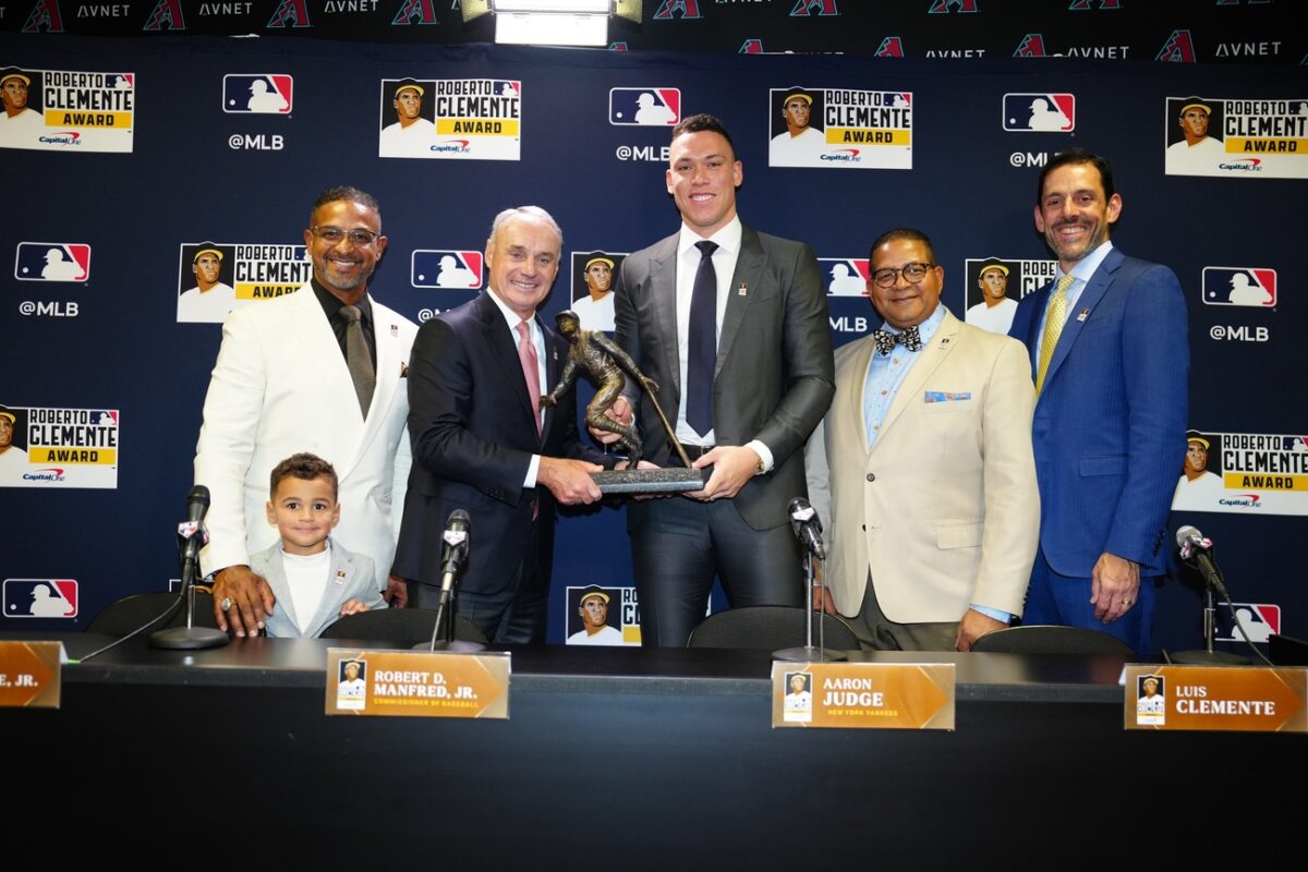 Aaron Judge is receiving the the Roberto Clemente Award at Chase Field, Phoenix, on October 30, 2023.