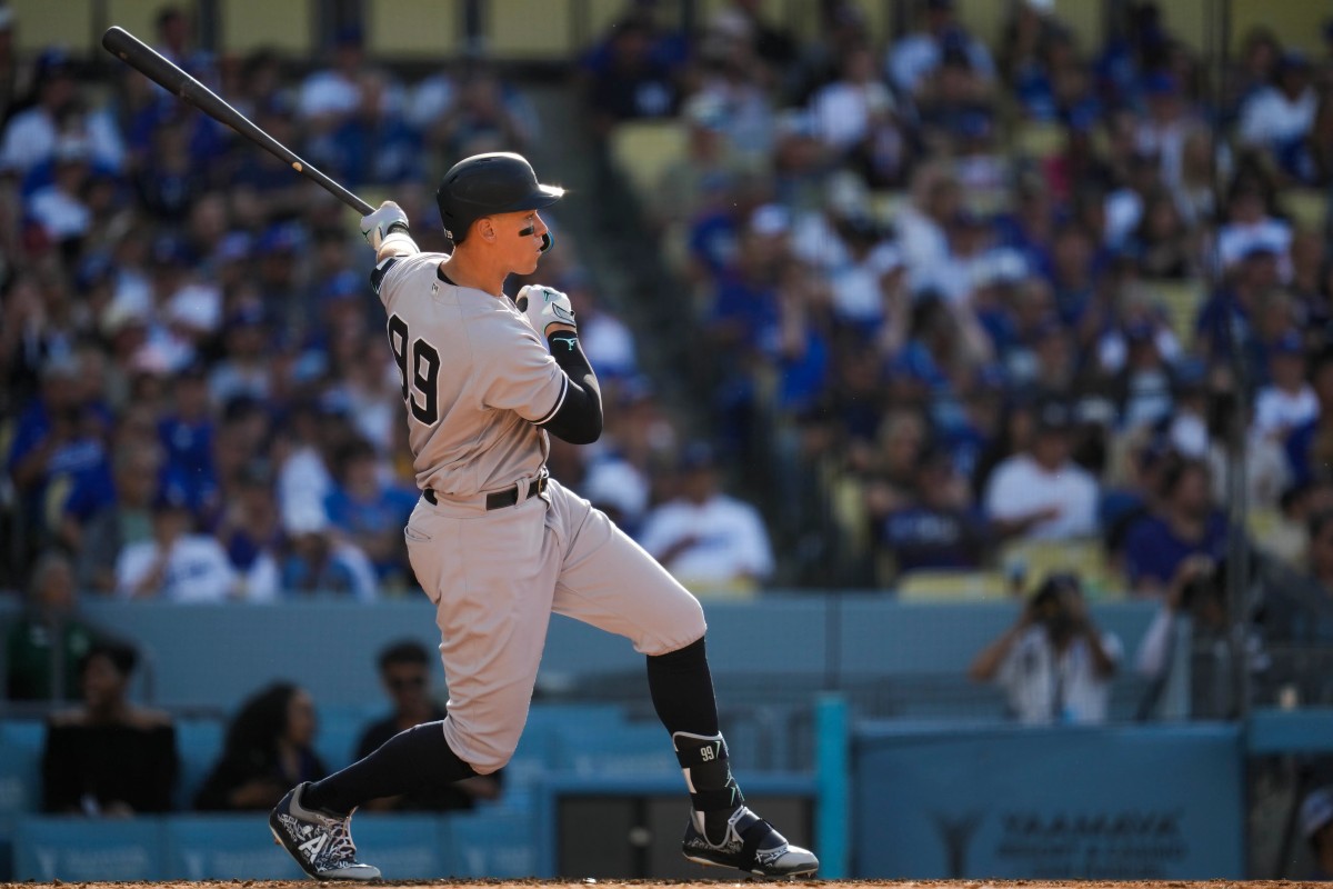 New York Yankees’ Aaron Judge (99) hits a home run during the sixth inning of a baseball game against the Los Angeles Dodgers in Los Angeles, Saturday, June 3, 2023.
