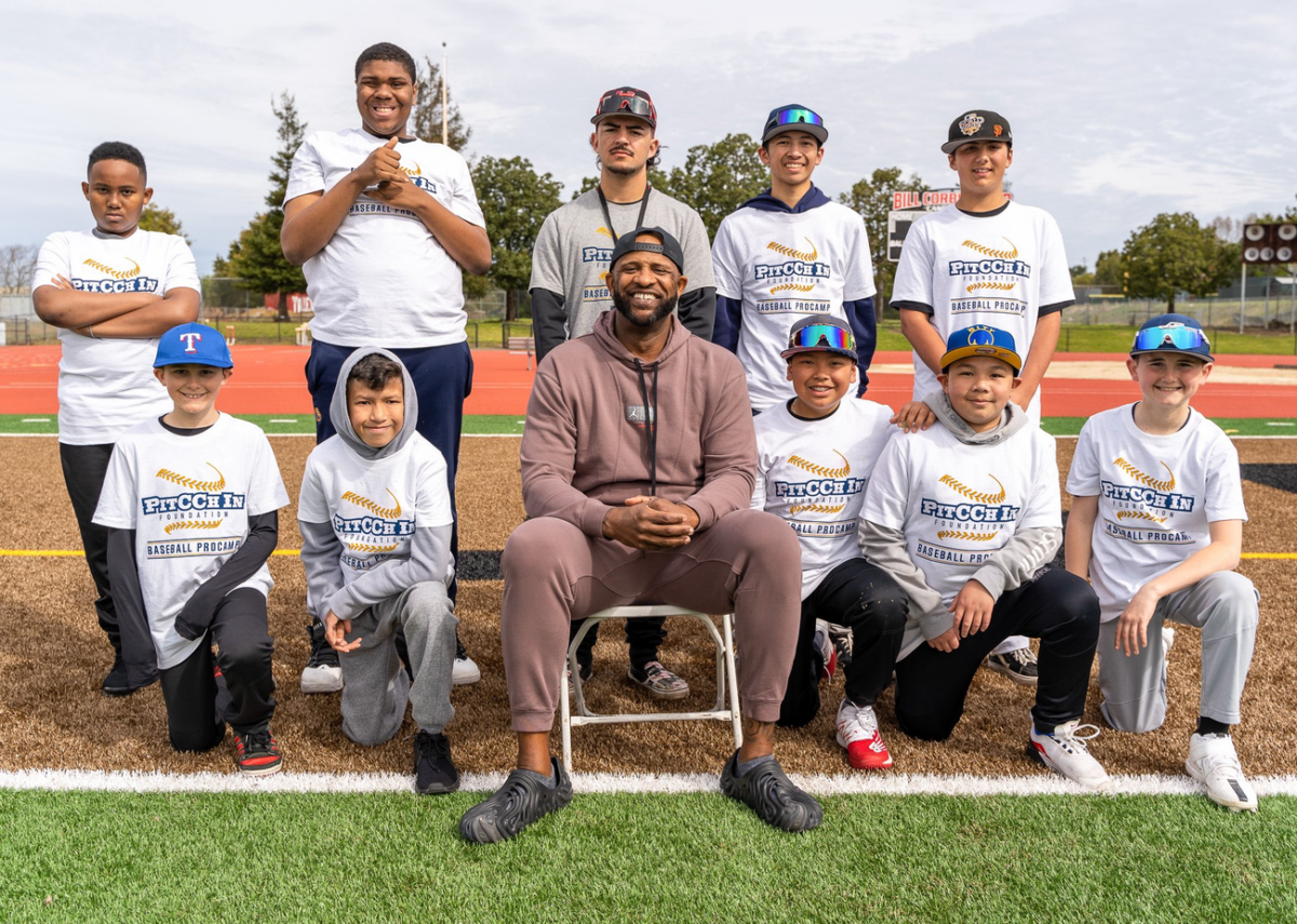 Ex-Yankees ace CC Sabathia is with young kids during a baseball camp at Luke Easter Park on August 16, 2023.