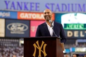 The legend of the new york yankees, Derek Jeter speaks during a ceremony honoring his Hall of Fame induction in 2022.
