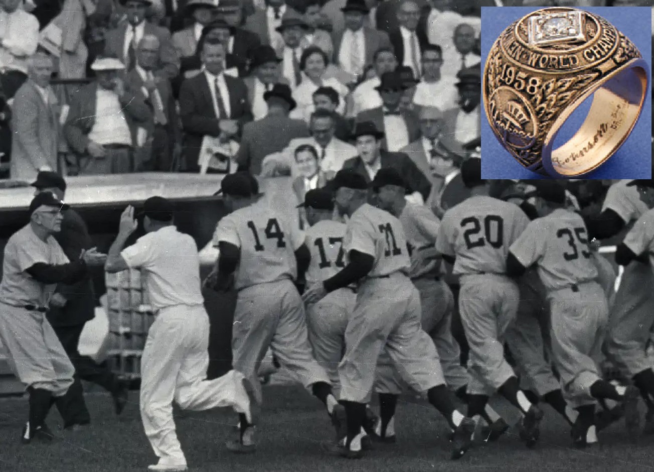 The Yankees run to mob Casey Stengel after beating the Milwaukee Braves in Game 7 of the World Series on Oct 9, 1958.