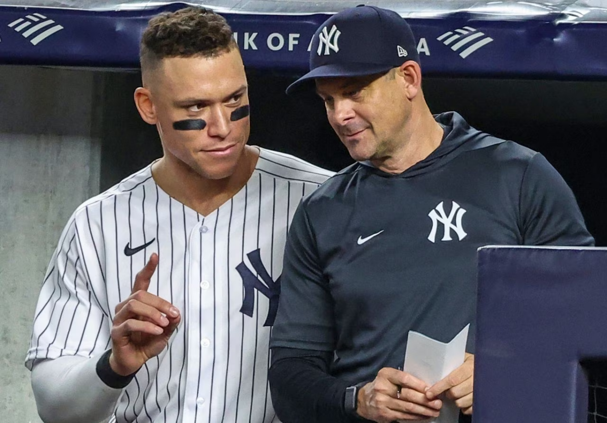 Yankees manager Aaron Boone with captain Aaron Judge at Yankee Stadium.
