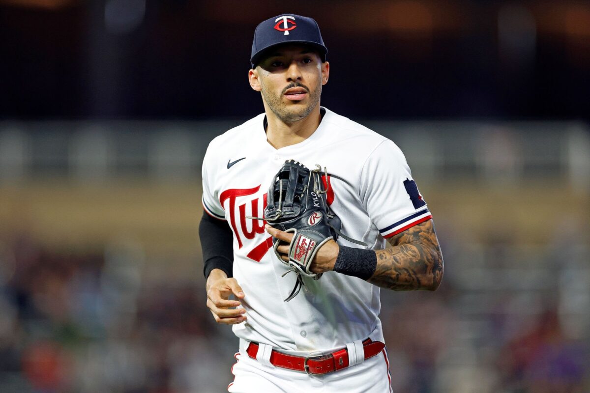 MINNEAPOLIS, MINNESOTA - SEPTEMBER 08: Carlos Correa #4 of the Minnesota Twins looks on as he exits the field against the New York Mets in the fourth inning at Target Field on September 08, 2023 in Minneapolis, Minnesota. The Twins defeated the Mets 5-2. (Photo by David Berding/Getty Images)