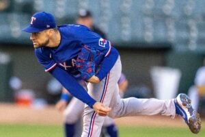 May 11, 2023; Oakland, California, USA; Texas Rangers starting pitcher Nathan Eovaldi (17) delivers a pitch against the Oakland Athletics during the first inning at Oakland-Alameda County Coliseum.