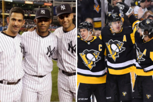 Yankees legend trio Derek Jeter, Jorge Posada, and Mariano Rivera, and Pinguins legend trio Sidney Crosby, Evgeni Malkin, and Kris Letang