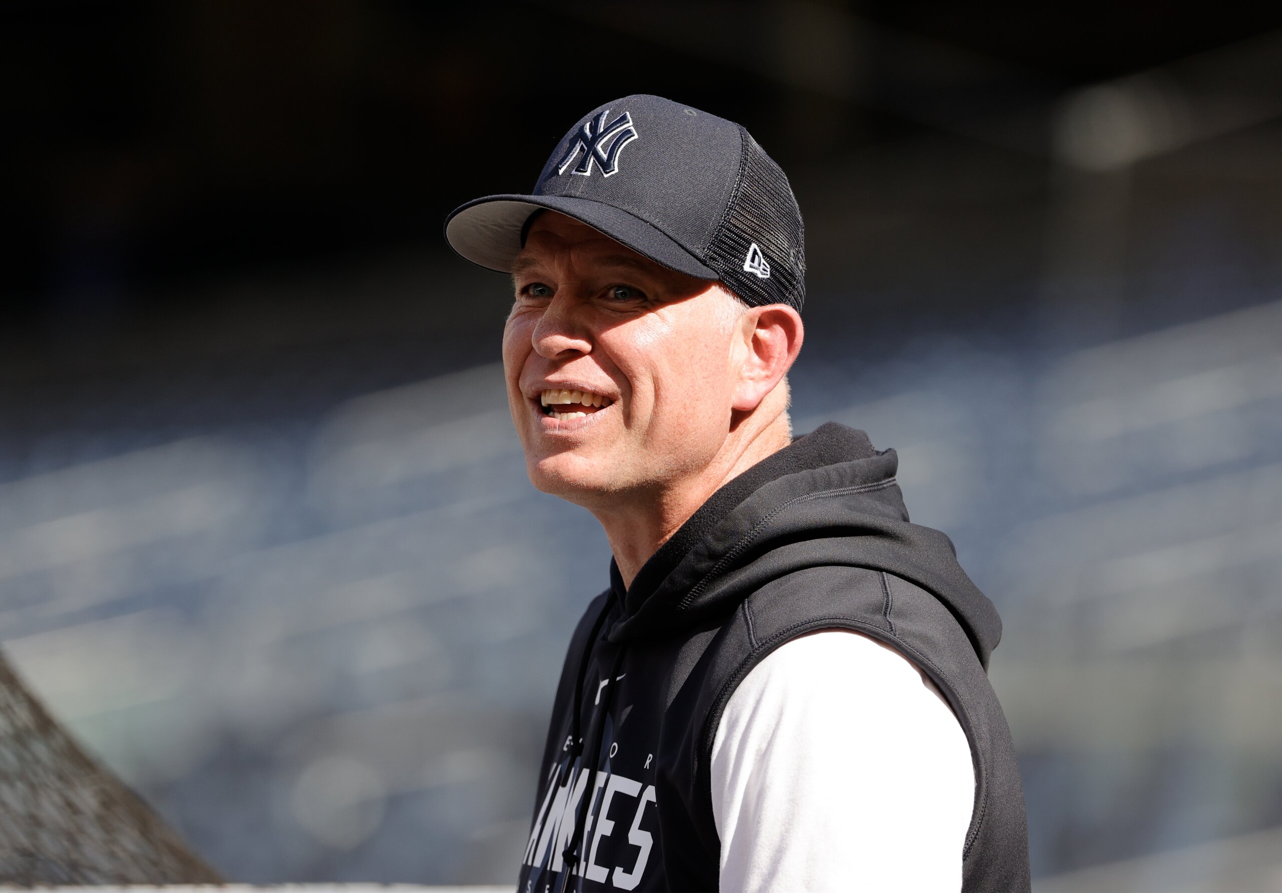 07/21/23 -  New York Yankees batting coach Sean Casey watches batting practice before the teams start against the Kansas City Royals at Yankee Stadium in the Bronx, New York, USA, Friday, July 21, 2023.