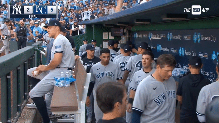Aaron Judge is at the Yankees dugout at Kauffman Stadium as the team's season ended on October 1, 2023.