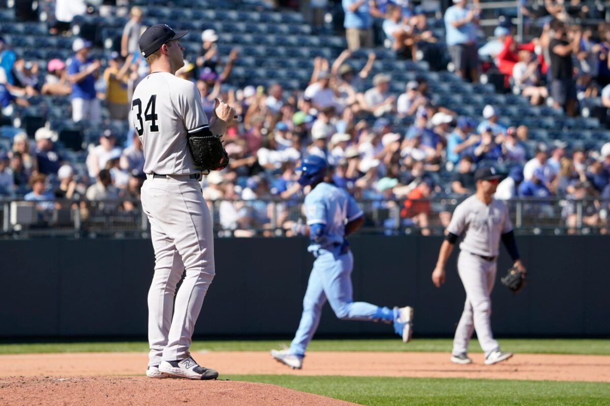 Yankees pitcher Michael King looks on after giving up a home run to the Royals' Dairon Blanco in the fourth inning on Sunday. Yankees pitcher Michael King looks on after giving up a home run to the Royals’ Dairon Blanco in the fourth inning on Sunday.