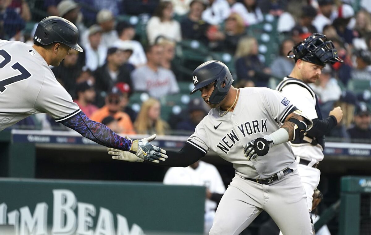 Gleyber Torres was greeted at the Yankees dugout by Giancarlo Stanton after his fourth-inning homer Wednesday night off Tigers pitcher Joey Wentz, his third in three games this week at Comerica Park.