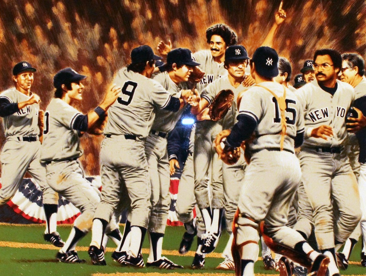 A painting of the Yankees celebrating after 1978 World Series win.