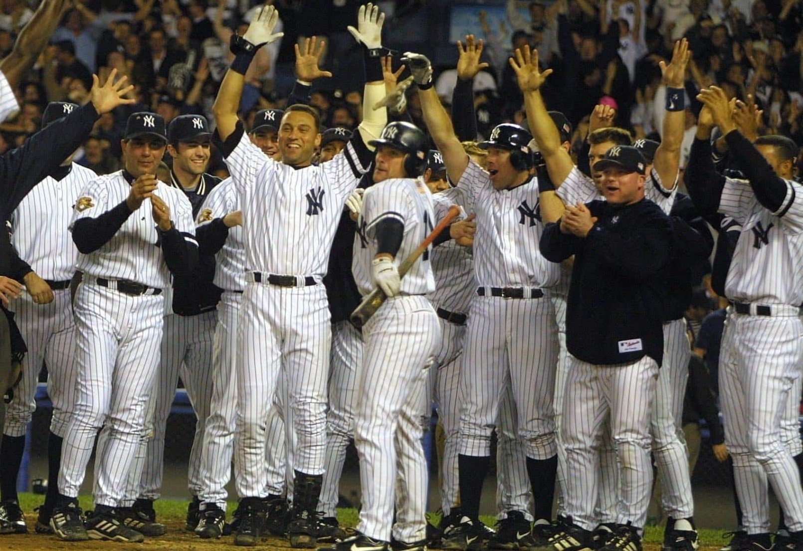 The New York Yankees after beating the Mets in the 2000 World Series Game 1 at Yankee Stadium on Oct, 21, 2000.