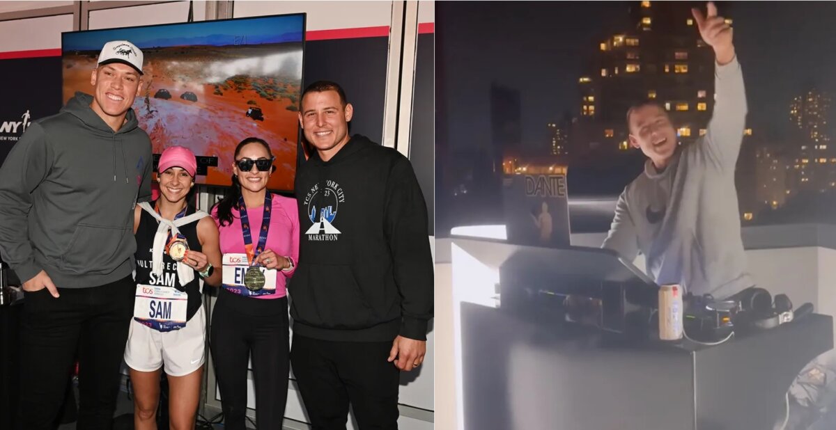 Aaron Judge and Anthony Rizzo attended the New York City Marathon to cheer their wives Samantha Bracksieck and Emily Vakos and Rizzo playing DJ on Nov 5, 2023.