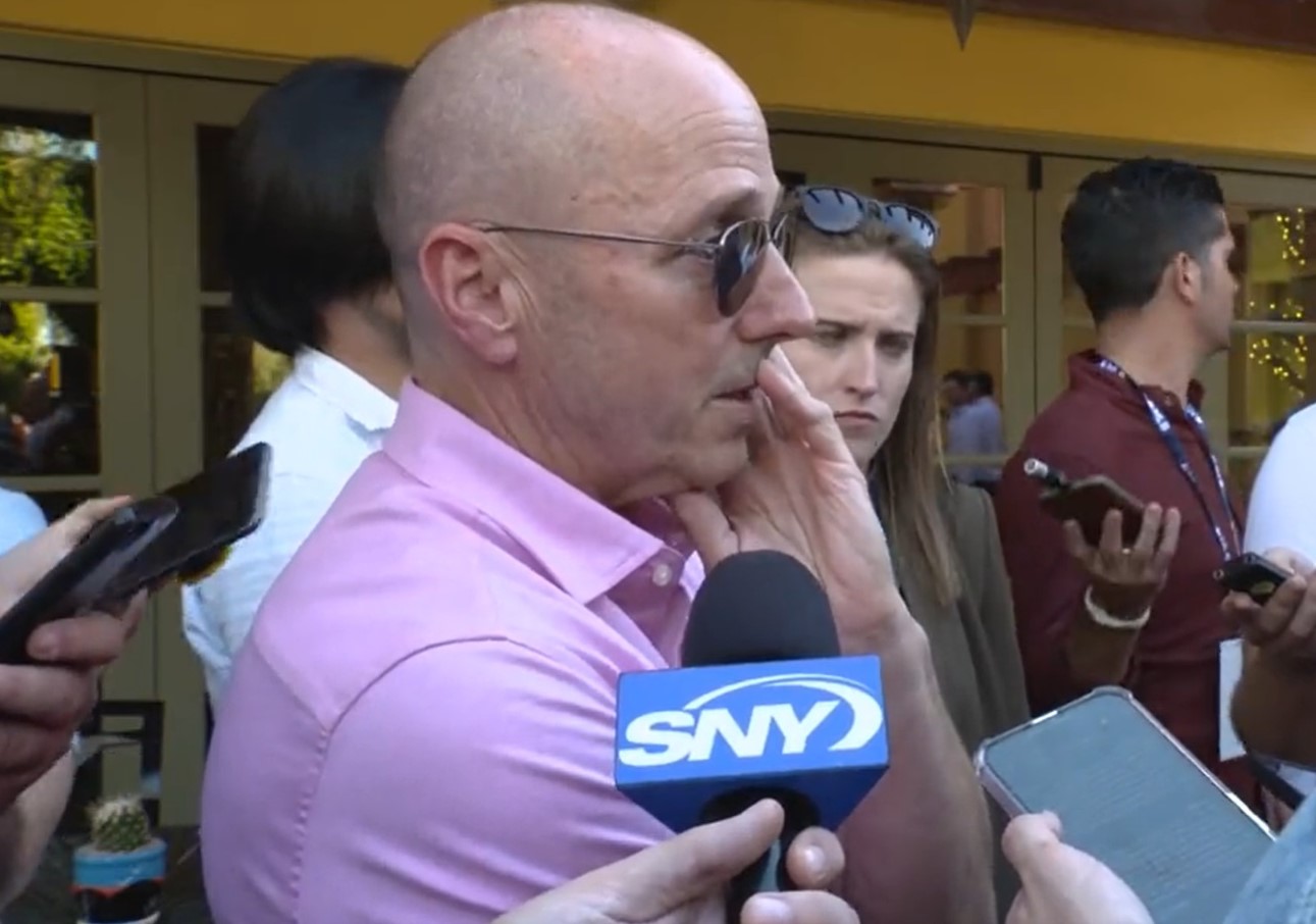 Yankees GM Brian Cashman is speaking to reporters on November 7, 2023.