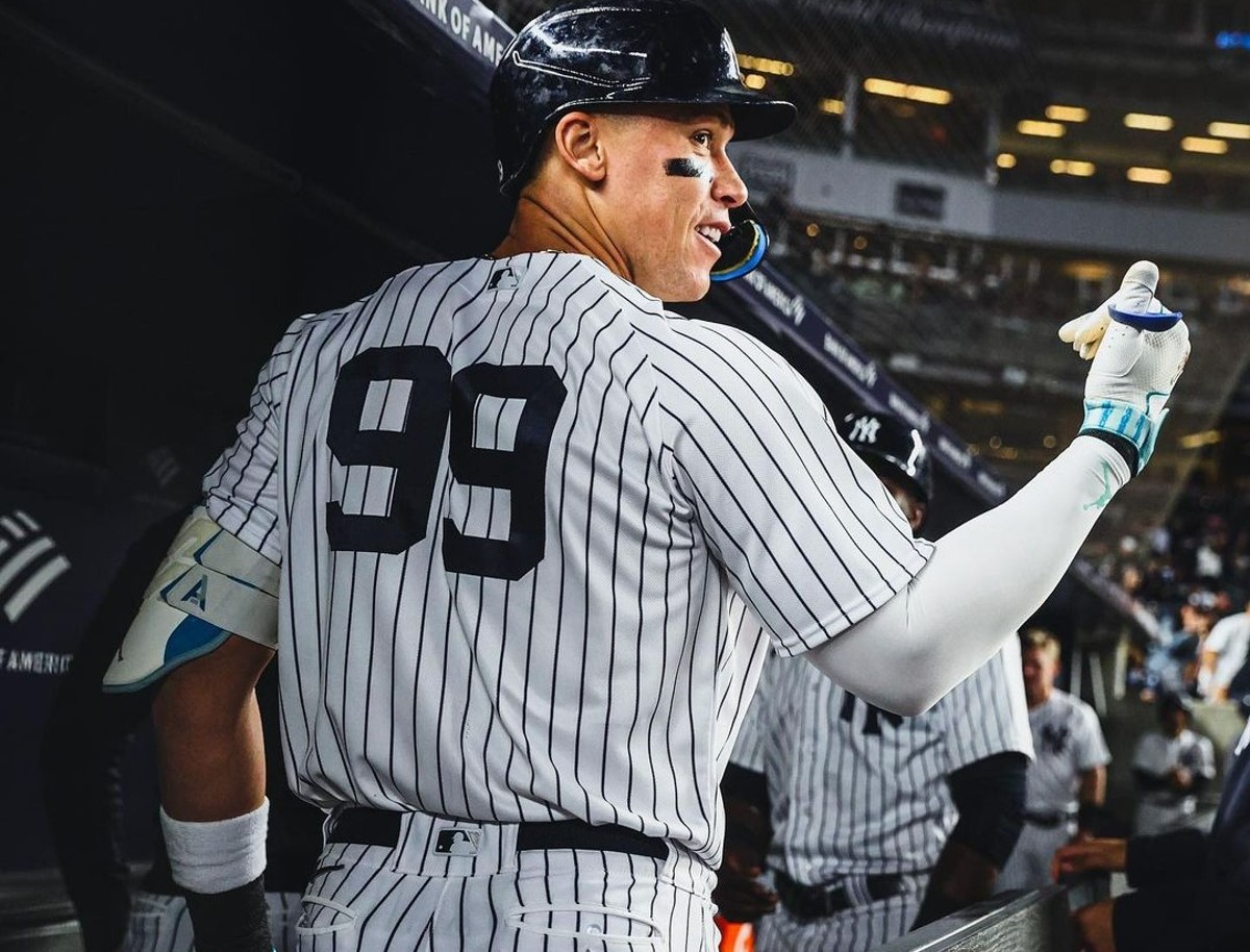Aaron Judge is at Yankees dugout after hammering a two-run homer against the Red Sox at Yankee Stadium on Aug 18, 2023.
