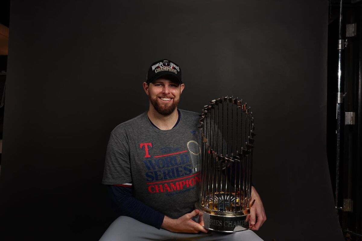 Ex-Yankees and current Rangers' starter Jordan Montgomery with the 2023 World Series trophy at Phoenix, AZ, on November 01, 2023.