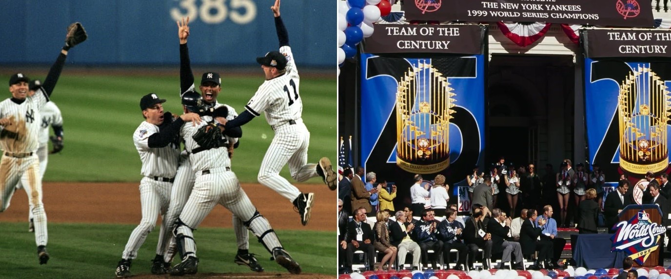 The Yankees celebrate after winning the 1999 World Series on October 27 at Yankee Stadium and a civic reception by the NYC mayor for the team.