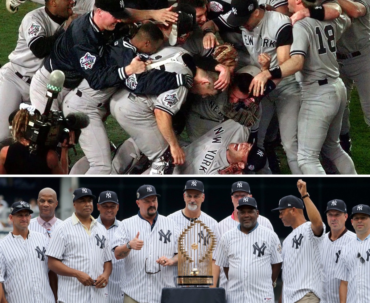 The Yankees celebrate after winning the 1998 World Series and team with that trophy during an Old Timers Day at Yankee Stadium.