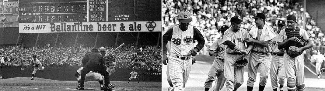 Yankees contra Reds en las Series Mundiales de 1961. Primera imagen del primer partido en el Yankee Stadium. Segunda imagen del quinto partido.