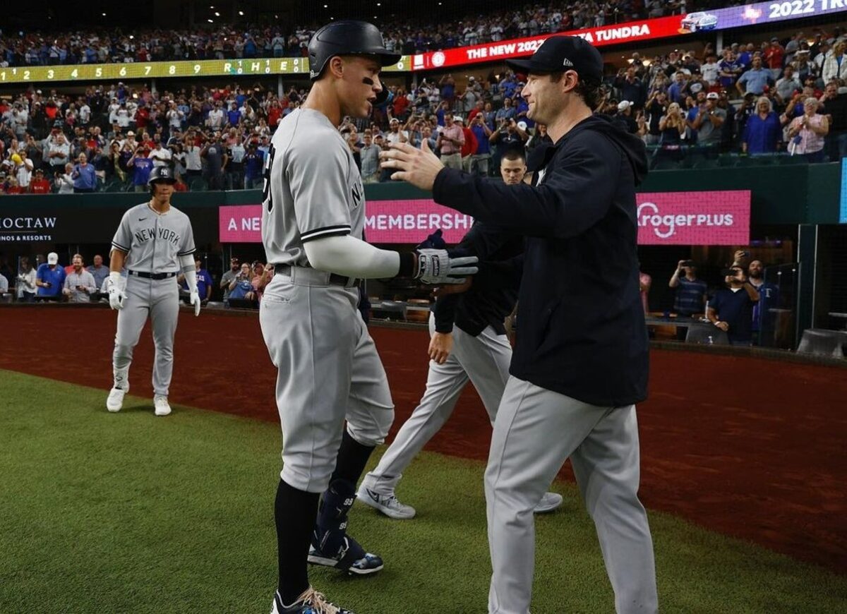 Yankees ace Gerrit Cole is congratulating Aaron Judge after his 62nd HR on October
