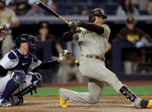 Juan Soto hits a home run in the Padres vs. Yankees game on May 26, 2023, at Yankee Stadium.