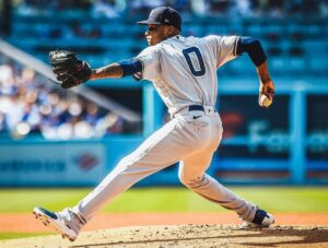 Yankees starter Domingo German is pitching against the LA Dodgers at Dodger Stadium.