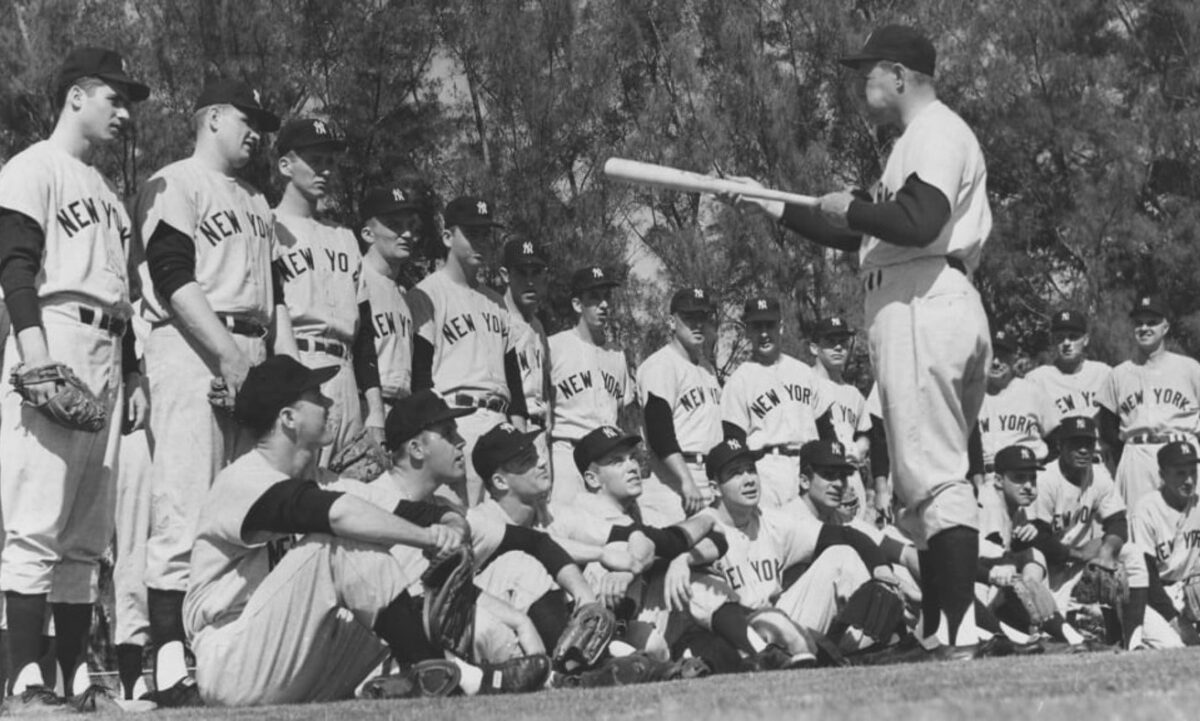 Ralph Houk is talking to his team that won the 1961 World Series, on the first day of their spring training in 1961.