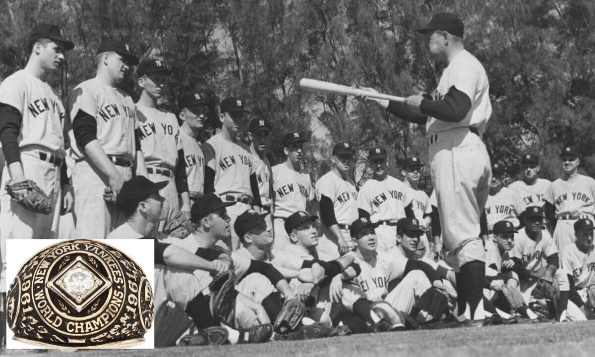 Ralph Houk is talking to his Yankees team on the first day of their spring training in 1961. Inset the 1961 World Series ring of the Yankees.