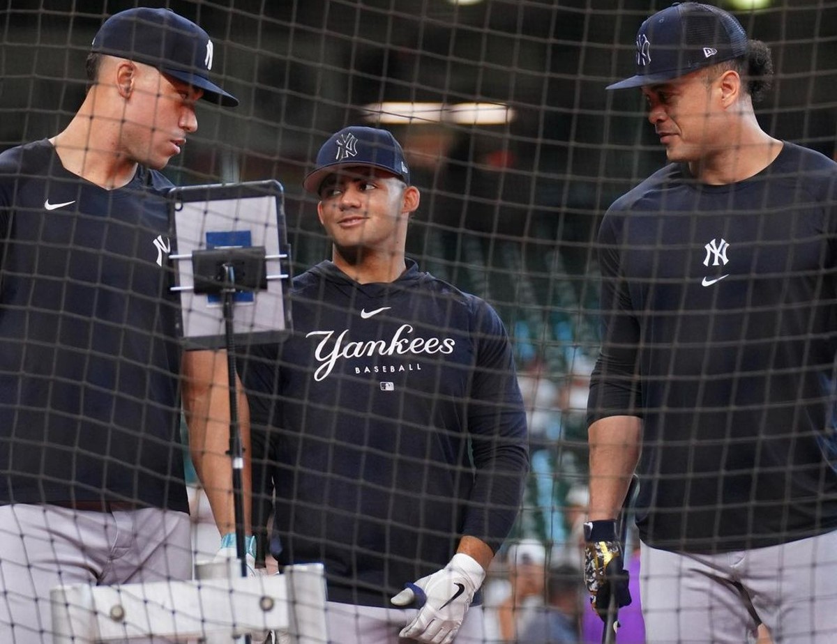 Yankees' Aaron Judge, Jasson Dominguez, and Giancarlo Stanton at Minute Maid Park on September 2, 2023.