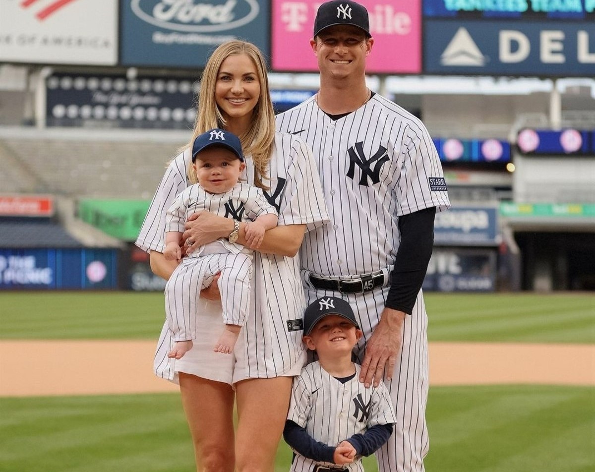 Yankees ace Gerrit Cole is with his wife Amy and two sons at Yankee Stadium during a game in 2023.