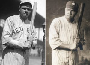 Baseball legend Babe Ruth in Yankees and Red Sox colors.